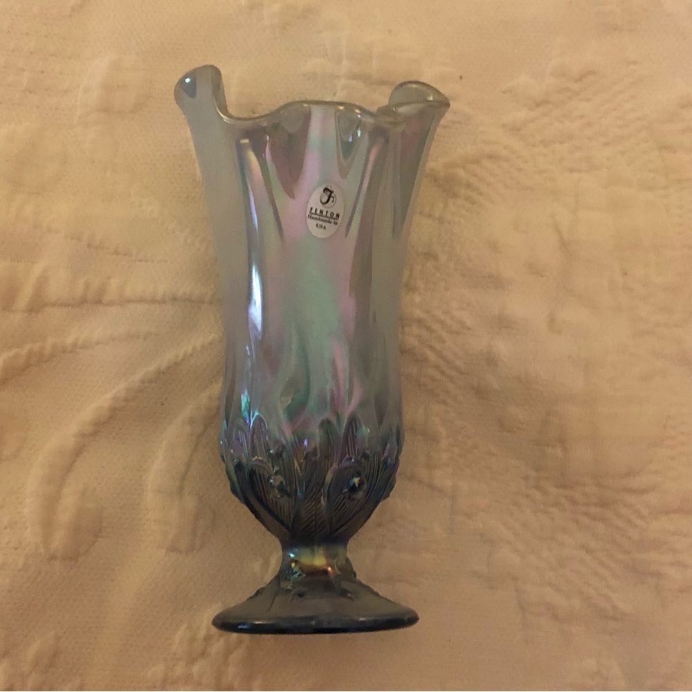 Fenton Iridescent Blue-Gray Ruffled Top Vase - Picture 7 of 14
